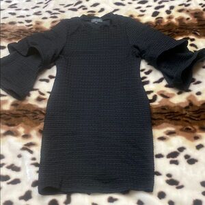 Gracia Black Ribbed Bodycon Dress with Bell Sleeves